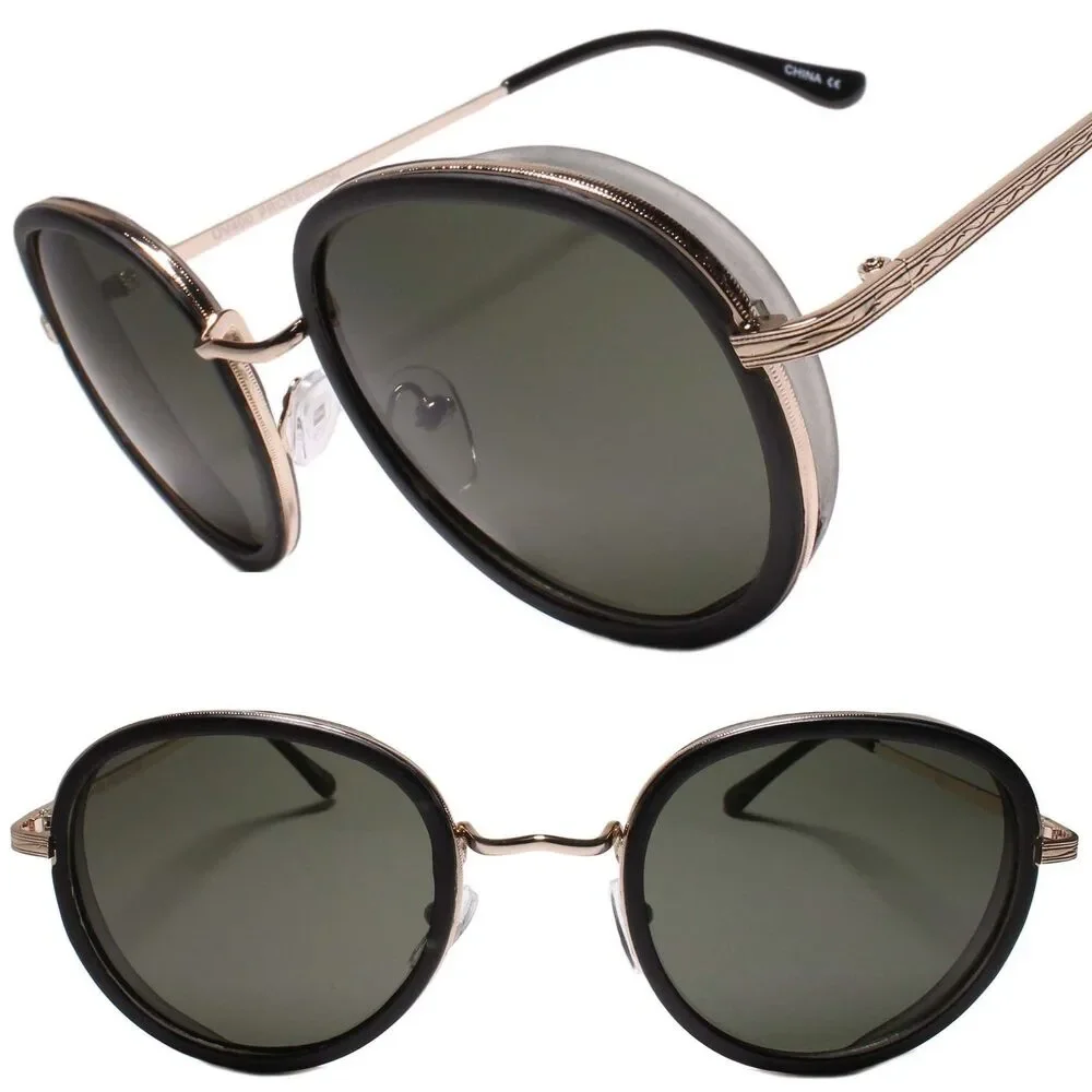 Indie Dapper 90s Retro Vintage Look Round Matte Black & Gold Frame Sunglasses